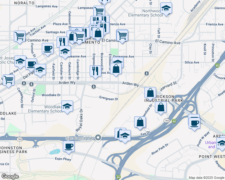map of restaurants, bars, coffee shops, grocery stores, and more near 960 Arden Way in Sacramento