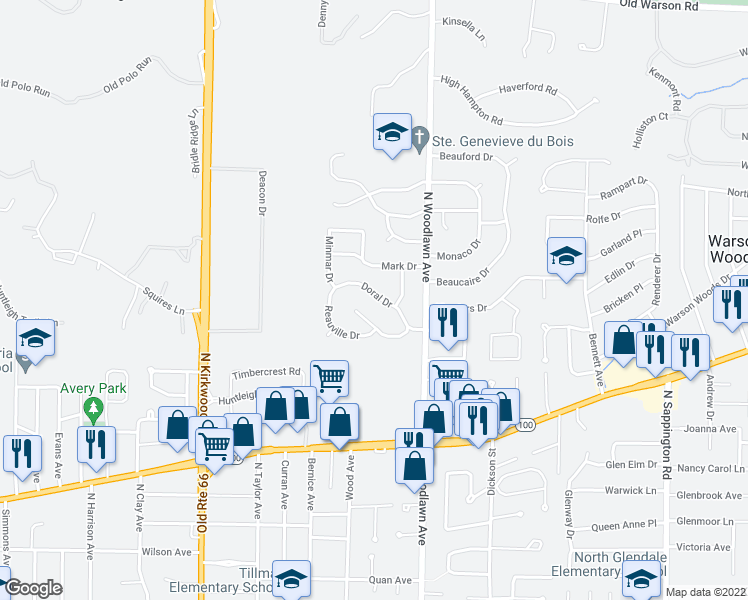 map of restaurants, bars, coffee shops, grocery stores, and more near 442 Doral Drive in St. Louis