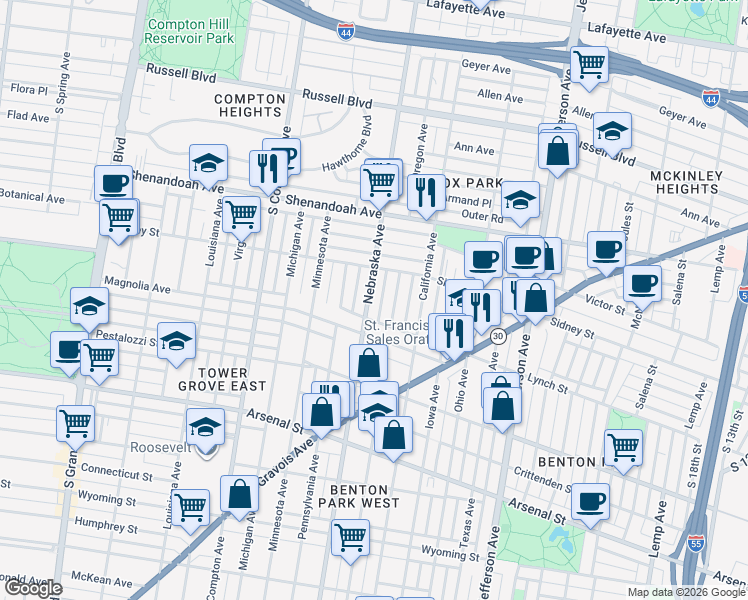 map of restaurants, bars, coffee shops, grocery stores, and more near 2646 Nebraska Avenue in St. Louis