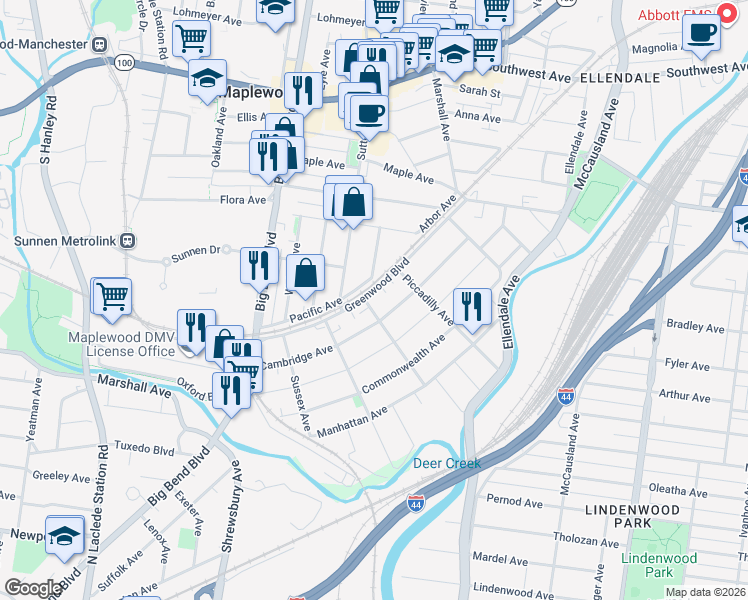 map of restaurants, bars, coffee shops, grocery stores, and more near 3442 Greenwood Boulevard in Maplewood