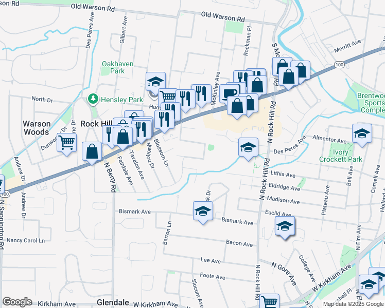 map of restaurants, bars, coffee shops, grocery stores, and more near 9709 Greenwood Terrace in St. Louis