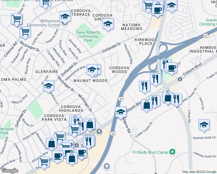 map of restaurants, bars, coffee shops, grocery stores, and more near 2512 Berrywood Drive in Rancho Cordova