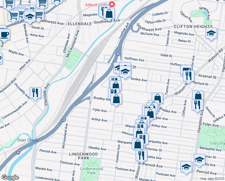 map of restaurants, bars, coffee shops, grocery stores, and more near 6714 Scanlan Avenue in St. Louis