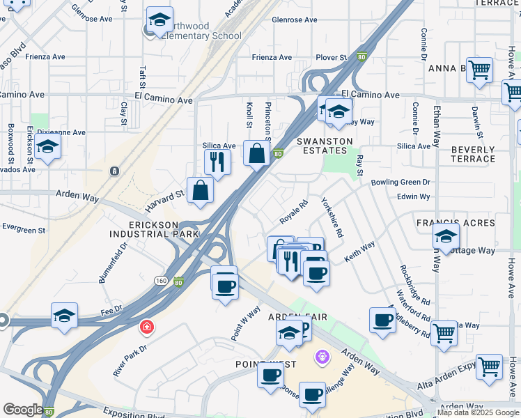 map of restaurants, bars, coffee shops, grocery stores, and more near 1567 Bartlett Lane in Sacramento