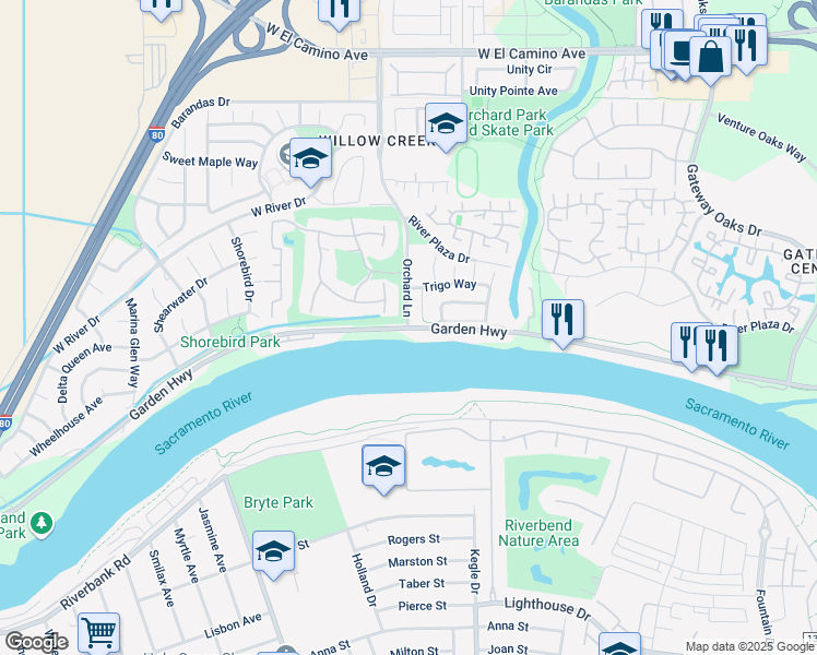 map of restaurants, bars, coffee shops, grocery stores, and more near Garden Highway & Orchard Lane in Sacramento