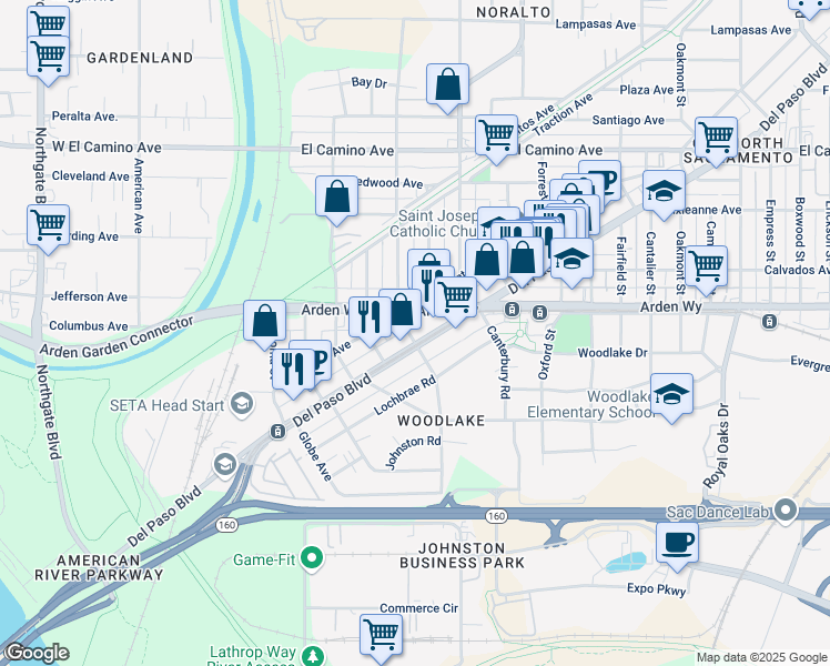 map of restaurants, bars, coffee shops, grocery stores, and more near 1401 Del Paso Blvd in Sacramento
