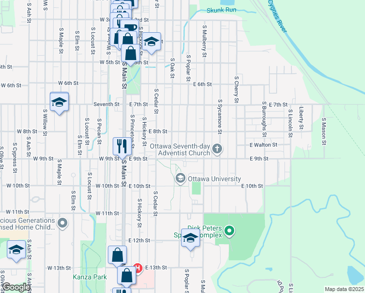 map of restaurants, bars, coffee shops, grocery stores, and more near 830 South Poplar Street in Ottawa
