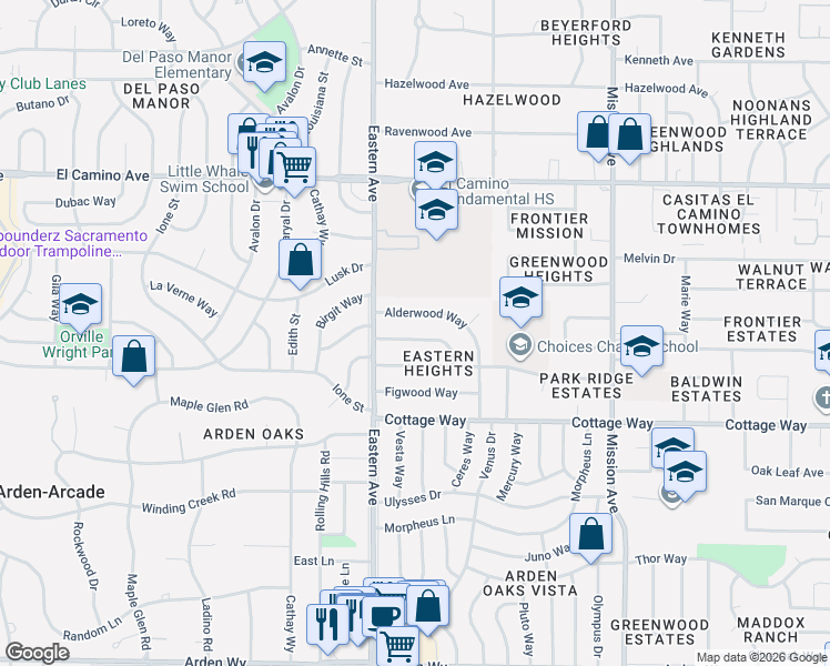 map of restaurants, bars, coffee shops, grocery stores, and more near 4309 Baywood Way in Sacramento