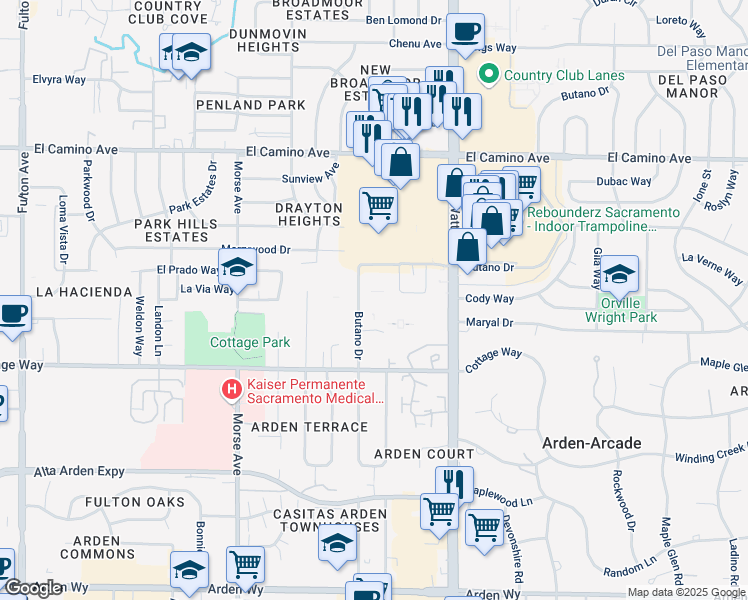 map of restaurants, bars, coffee shops, grocery stores, and more near 2211 Park Towne Circle in Sacramento