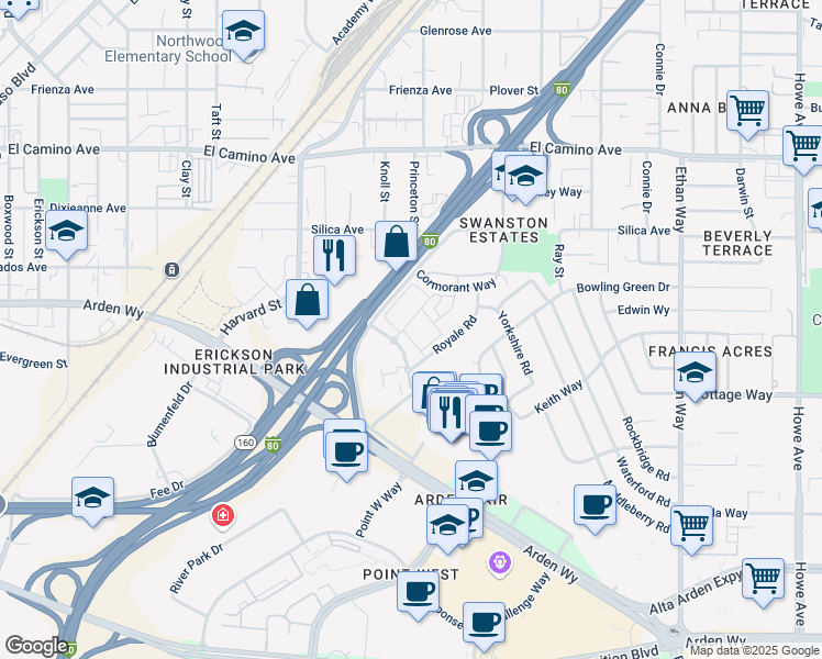 map of restaurants, bars, coffee shops, grocery stores, and more near 5 Royale Road in Sacramento