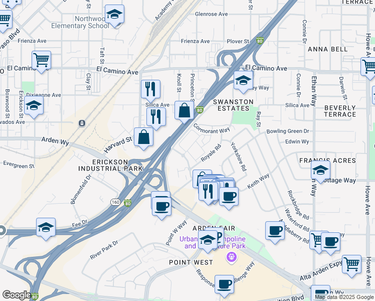 map of restaurants, bars, coffee shops, grocery stores, and more near 5 Royale Road in Sacramento