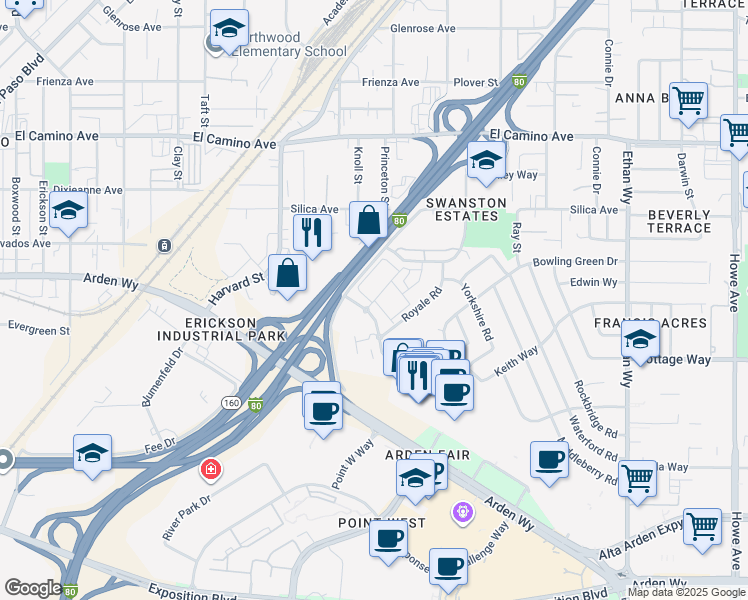 map of restaurants, bars, coffee shops, grocery stores, and more near 5 Royale Road in Sacramento