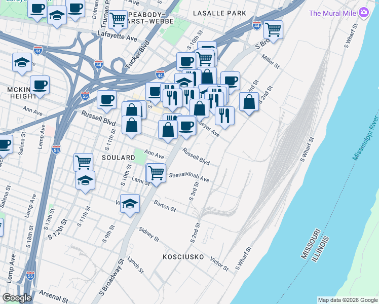 map of restaurants, bars, coffee shops, grocery stores, and more near 400 Russell Blvd in St Louis