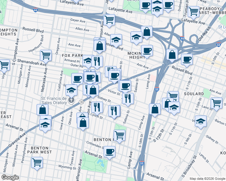 map of restaurants, bars, coffee shops, grocery stores, and more near 2200 Victor Street in St. Louis