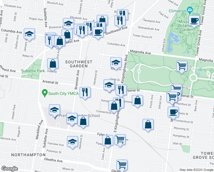 map of restaurants, bars, coffee shops, grocery stores, and more near 4959 Arsenal Street in St. Louis