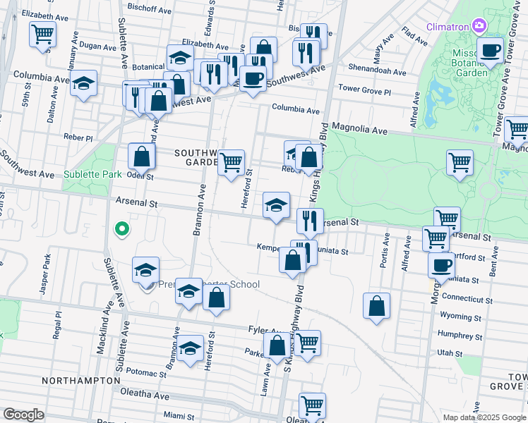map of restaurants, bars, coffee shops, grocery stores, and more near 4959 Arsenal Street in St. Louis