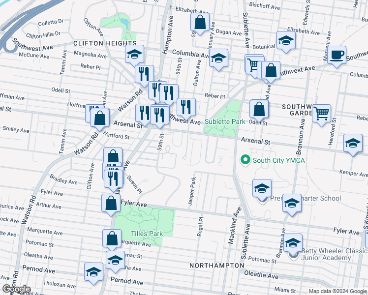 map of restaurants, bars, coffee shops, grocery stores, and more near 3134 Park Hampton Court in St. Louis