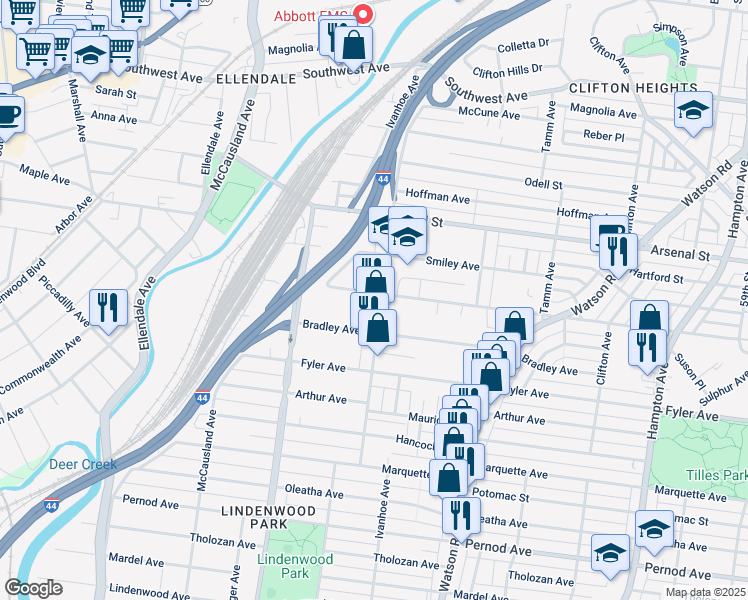 map of restaurants, bars, coffee shops, grocery stores, and more near 6714 Scanlan Avenue in St. Louis