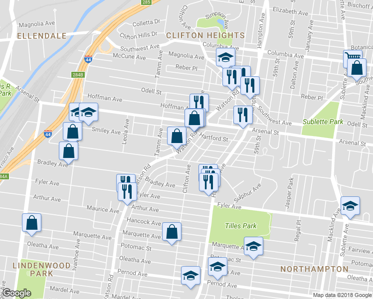 map of restaurants, bars, coffee shops, grocery stores, and more near 3168 Watson Road in St. Louis