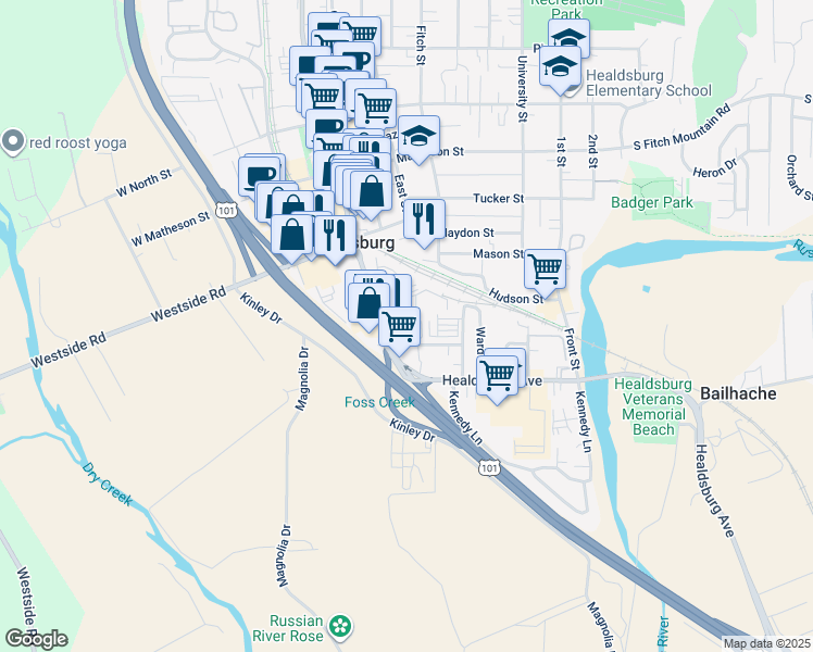 map of restaurants, bars, coffee shops, grocery stores, and more near 201 Exchange Avenue in Healdsburg