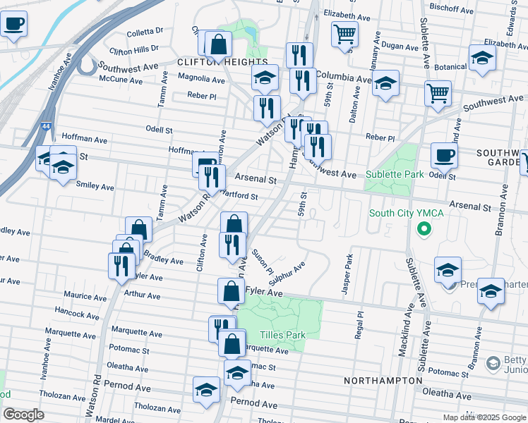 map of restaurants, bars, coffee shops, grocery stores, and more near 3155 Hampton Avenue in St. Louis