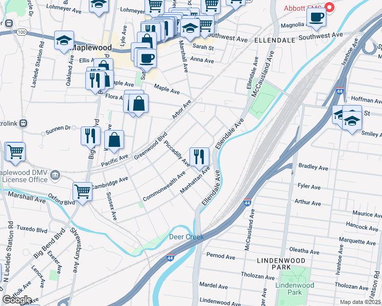 map of restaurants, bars, coffee shops, grocery stores, and more near 3364 Oxford Avenue in Maplewood