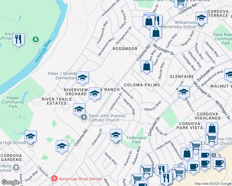 map of restaurants, bars, coffee shops, grocery stores, and more near 10542 Coloma Road in Rancho Cordova