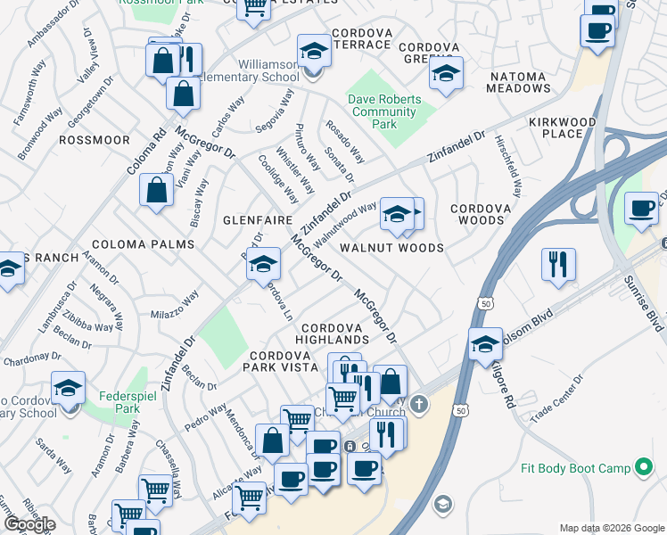 map of restaurants, bars, coffee shops, grocery stores, and more near 10839 Dunbar Way in Rancho Cordova