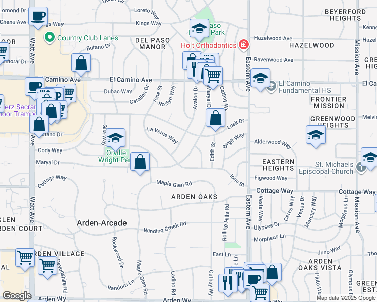 map of restaurants, bars, coffee shops, grocery stores, and more near 2221 Maryal Drive in Sacramento
