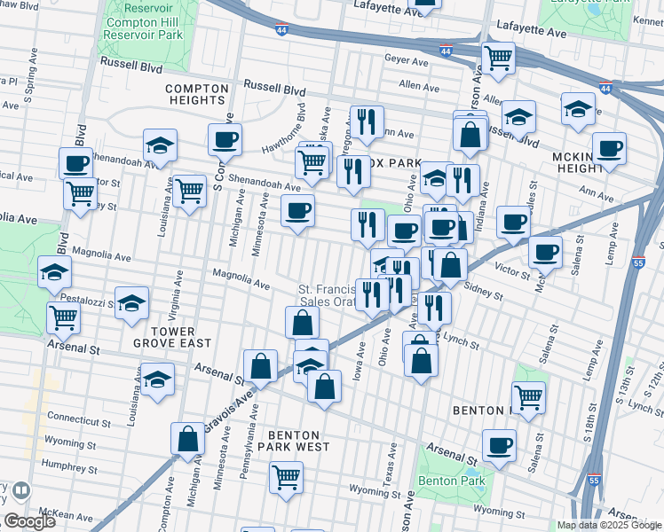 map of restaurants, bars, coffee shops, grocery stores, and more near 2628 Oregon Avenue in St. Louis