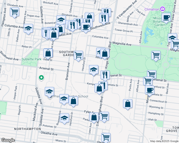 map of restaurants, bars, coffee shops, grocery stores, and more near 4959 Arsenal Street in St. Louis