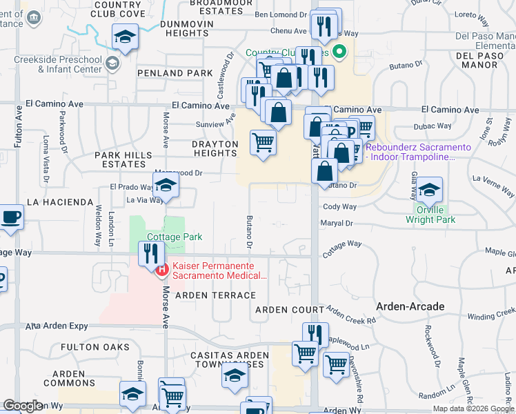map of restaurants, bars, coffee shops, grocery stores, and more near 2134 Butano Drive in Sacramento