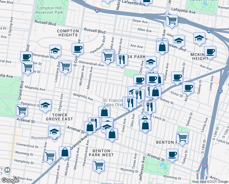 map of restaurants, bars, coffee shops, grocery stores, and more near 2628 Oregon Avenue in St. Louis