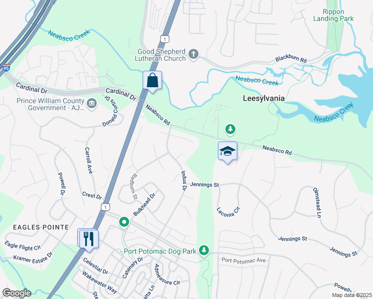 map of restaurants, bars, coffee shops, grocery stores, and more near 15994 Arden Court in Woodbridge