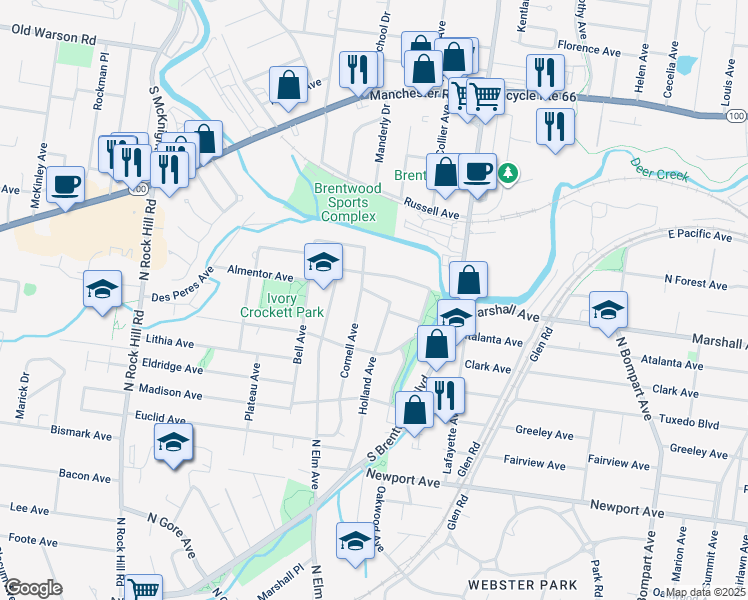 map of restaurants, bars, coffee shops, grocery stores, and more near 106 Willis Avenue in Webster Groves