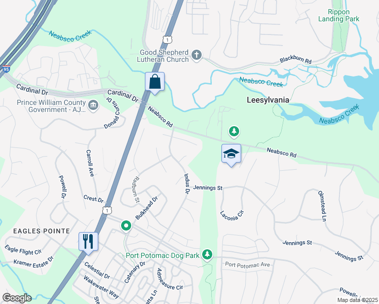 map of restaurants, bars, coffee shops, grocery stores, and more near 15994 Arden Court in Woodbridge