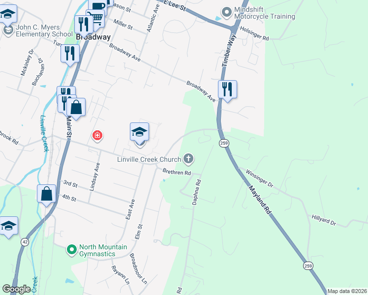 map of restaurants, bars, coffee shops, grocery stores, and more near 409 Brethren Road in Broadway