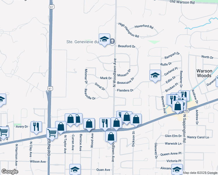 map of restaurants, bars, coffee shops, grocery stores, and more near 1422 Michele Drive in St. Louis