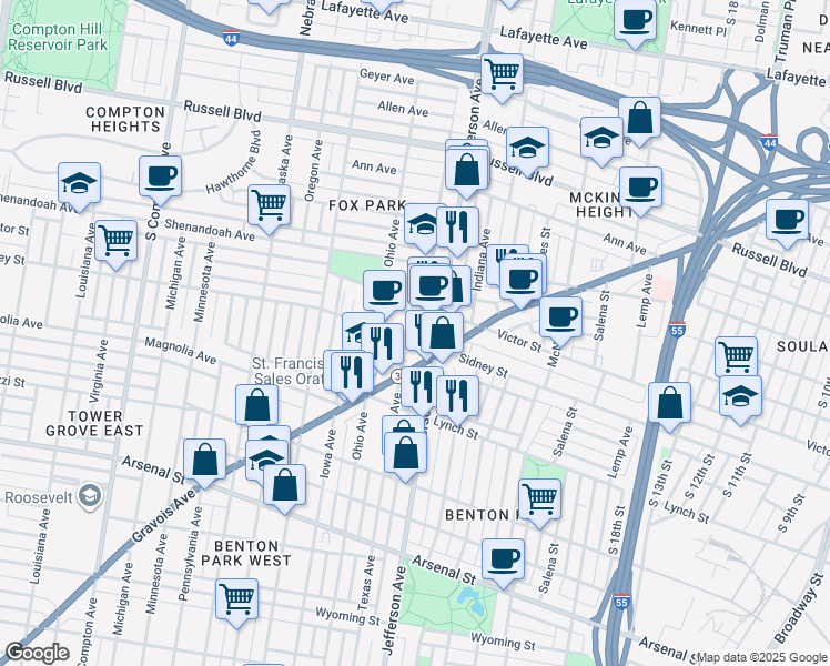 map of restaurants, bars, coffee shops, grocery stores, and more near 2528 Texas Avenue in St. Louis