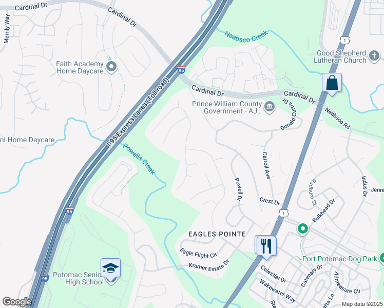 map of restaurants, bars, coffee shops, grocery stores, and more near 3083 American Eagle Boulevard in Woodbridge