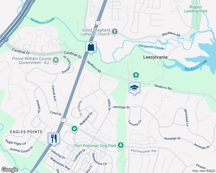 map of restaurants, bars, coffee shops, grocery stores, and more near 15996 Arden Court in Woodbridge