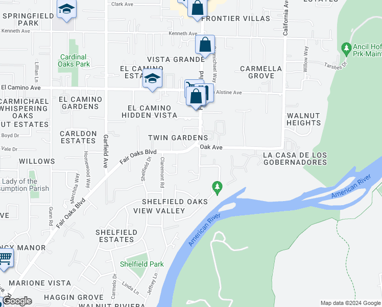 map of restaurants, bars, coffee shops, grocery stores, and more near 5780 Fair Oaks Boulevard in Carmichael