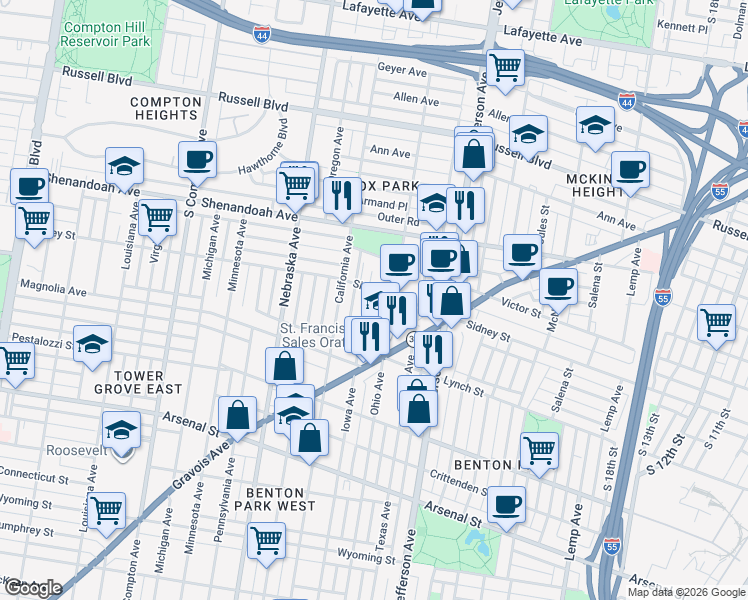 map of restaurants, bars, coffee shops, grocery stores, and more near 2617 Iowa Avenue in St. Louis