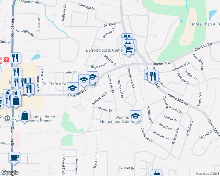 map of restaurants, bars, coffee shops, grocery stores, and more near 336 Cherry Hill Drive in Ellisville