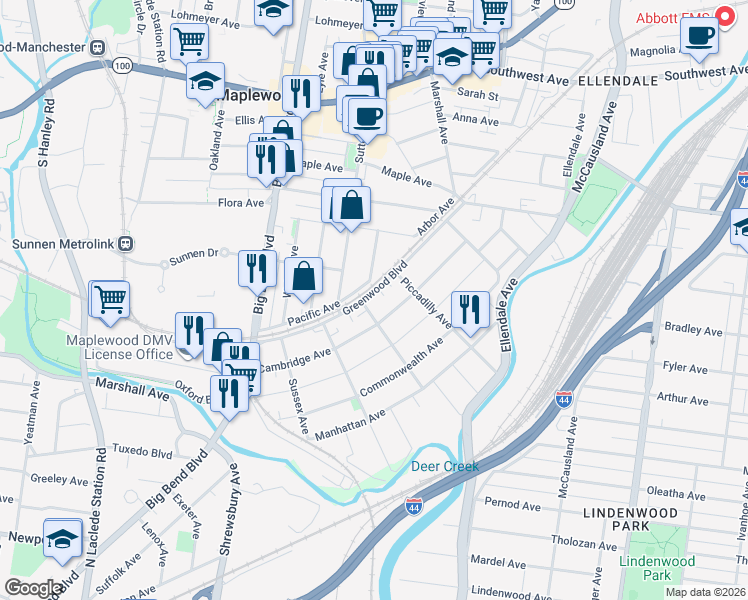 map of restaurants, bars, coffee shops, grocery stores, and more near 3442 Greenwood Boulevard in Maplewood