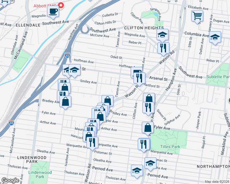 map of restaurants, bars, coffee shops, grocery stores, and more near 6401 Scanlan Ave in St Louis
