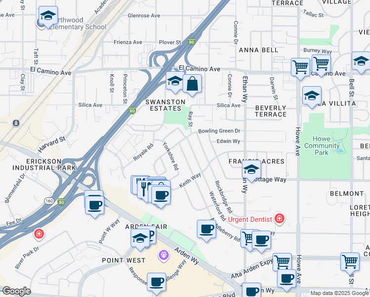 map of restaurants, bars, coffee shops, grocery stores, and more near 2212 Middleberry Road in Sacramento