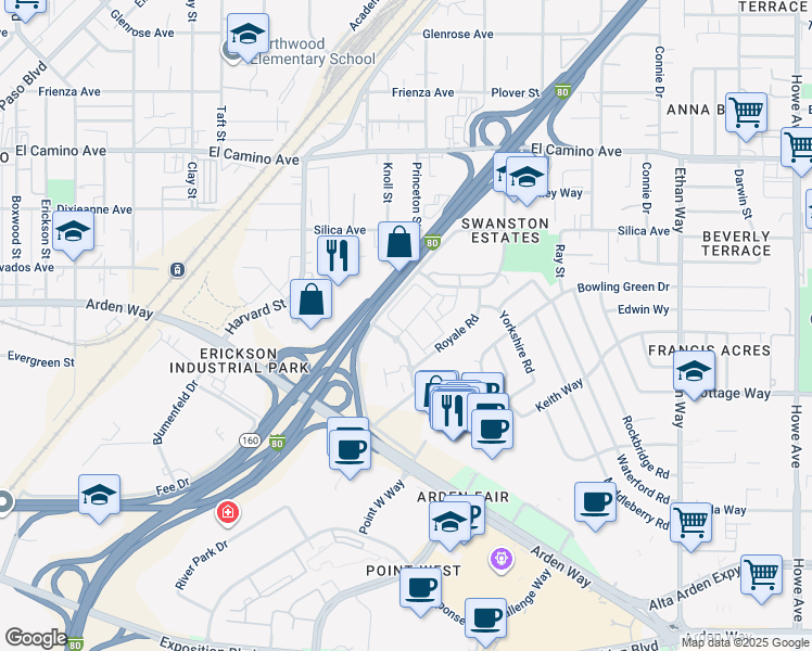 map of restaurants, bars, coffee shops, grocery stores, and more near 5 Royale Road in Sacramento