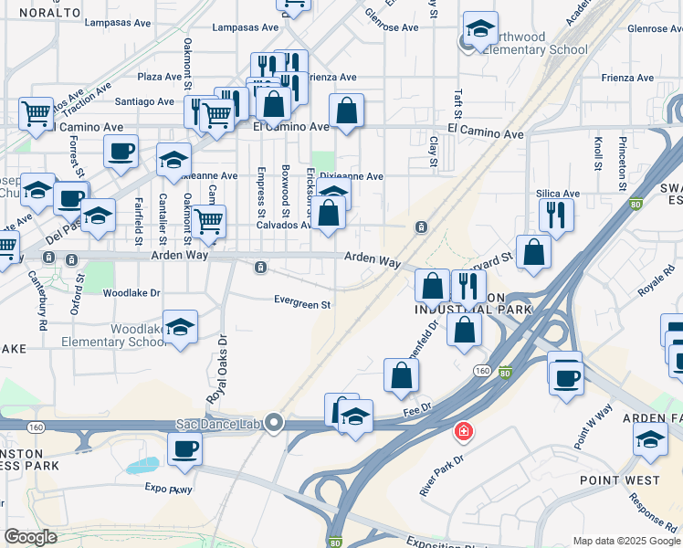 map of restaurants, bars, coffee shops, grocery stores, and more near 2170 Evergreen Street in Sacramento