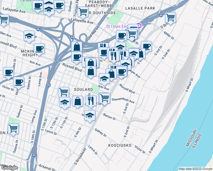map of restaurants, bars, coffee shops, grocery stores, and more near 901 Ann Avenue in St. Louis